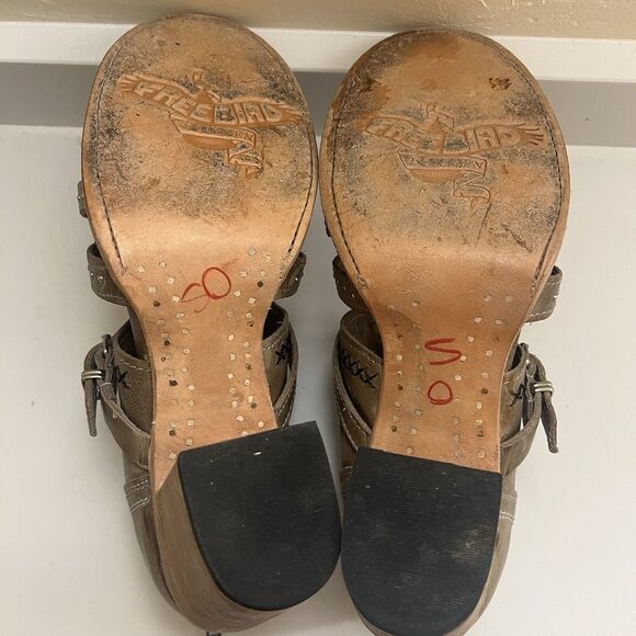 Freebird by Steven Conner Peep Toe Block Heel Sandal Leather Stone Taupe Size 10 - Picture 9 of 9